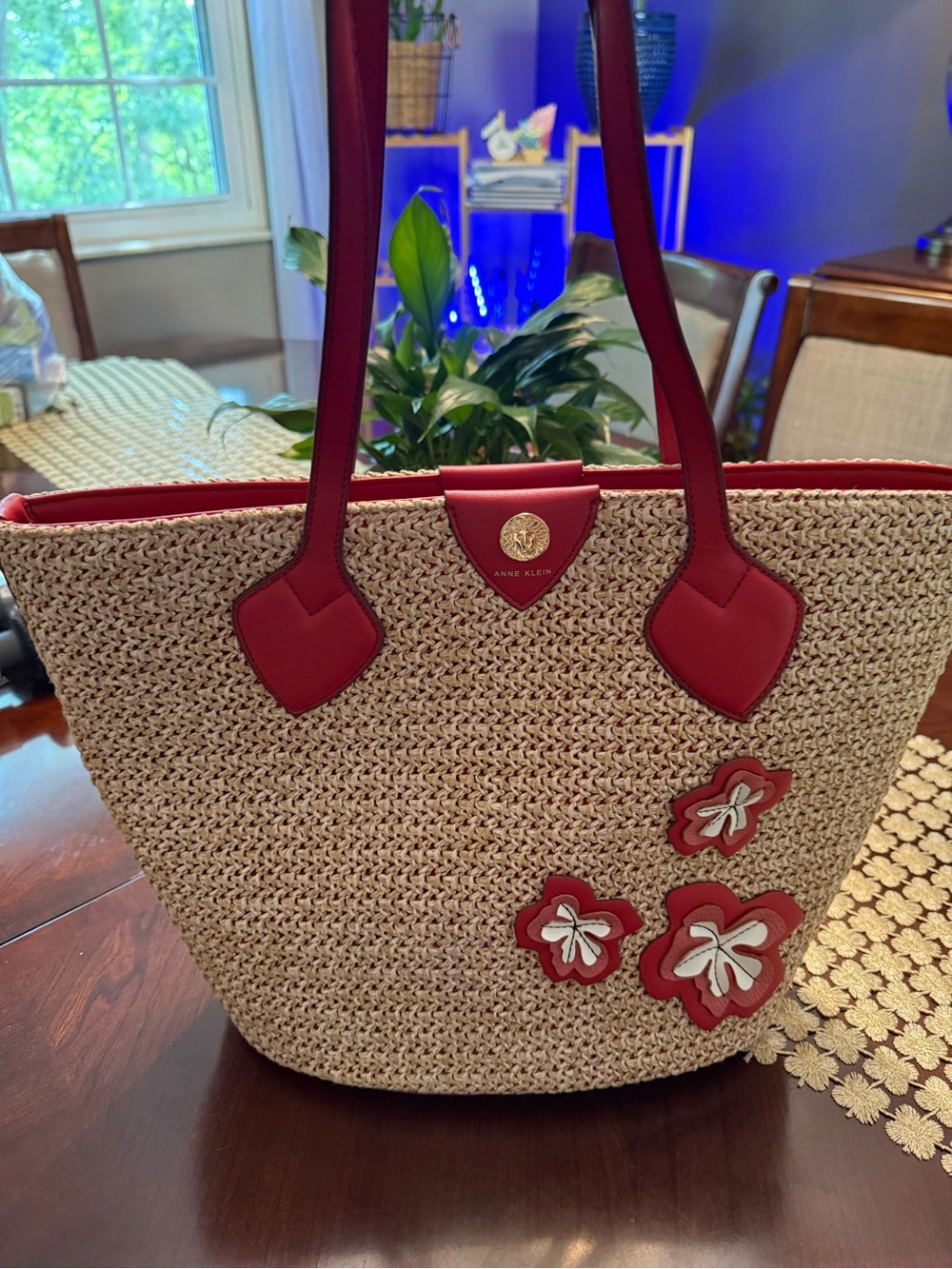 Anne Klein Natural Straw Tote with Red Trim and Floral Appliqués